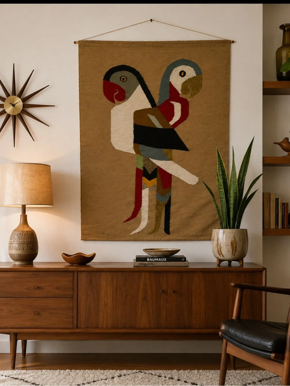 Vintage Ecuadorian Handwoven Parrot Wall Tapestry - Mid Century Modern